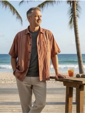 TOMMY BAHAMA MEN’S 100% SILK STRIPED CAMP SHIRT SHORT SLEEVE ORANGE/PINK L G Y2K